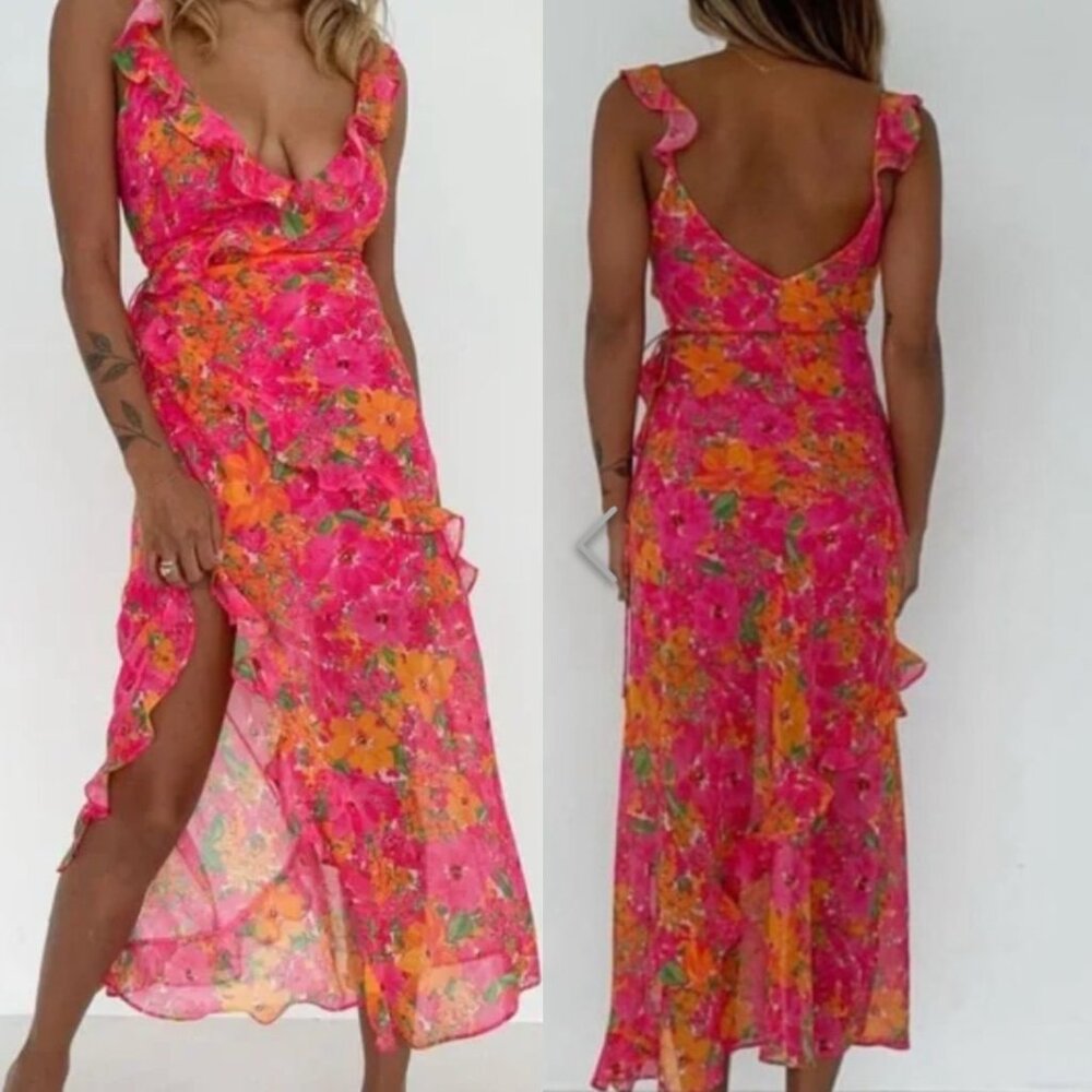 LAST CHANCE NWT Shop Rumored Bright Pink Floral Wrap Front Midi Maxi Dress